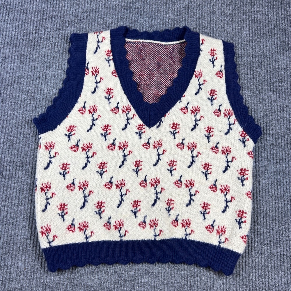 Floral Knit V-Neck Sweater‎ Vest Scalloped Trim Navy Blue Cream Red Small